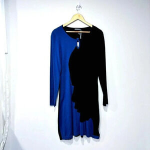 ERIC ALEXANDRE Blue Black Colorblock Long Sleeve Dress Keyhole Neck Medium